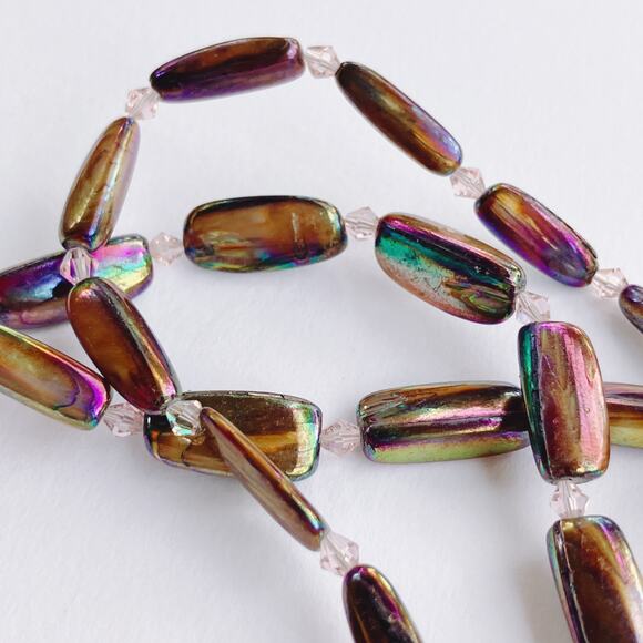 Y2K Iridescent Stick Pearl Necklace AB Resin Beads Long Layering Toggle Clasp - Picture 6 of 11